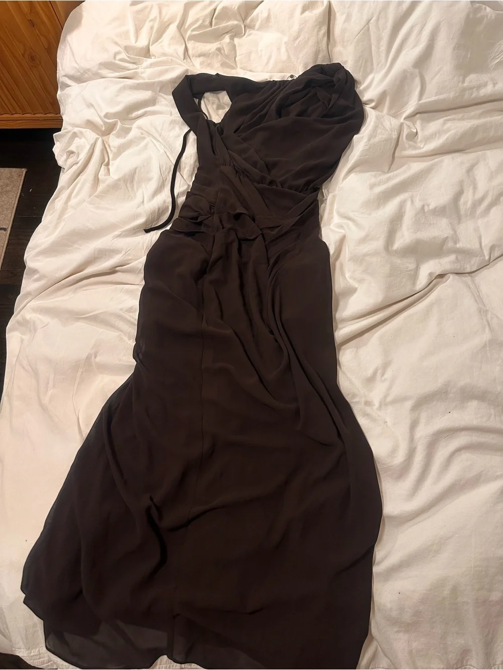 Meshki Oria Chiffon Maxi Dress (S) - Brown Draped Sleeveless Evening Gown - Picture 6 of 6